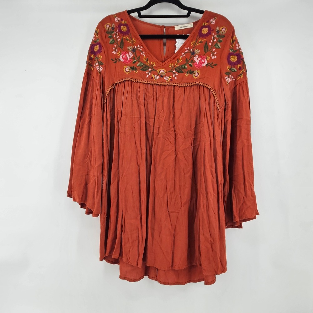 Boho Embroidered Bell Sleeve Tunic‎ Top Blouse Dress Rust Orange Size S Office